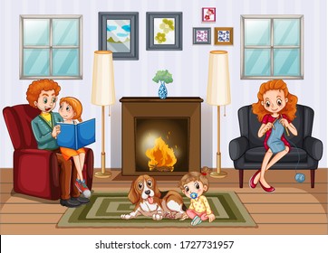 Scene with people in family relaxing at home illustration