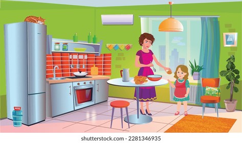 Scene with people in the interior of a bright kitchen-living room. Mom and little daughter are preparing food. Cartoon style. Vector illustration