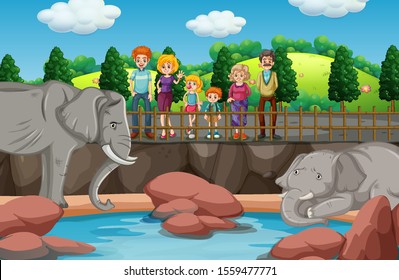 Scene with people looking at elephants at the zoo illustration