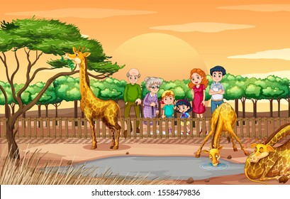 Scene with people looking at giraffes at the zoo illustration