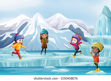 Scene with people playing on ice illustration