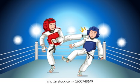 Scene with people playing taekwondo in the ring illustration