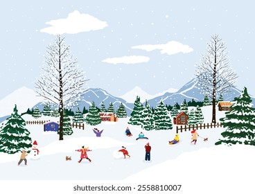 A scene of people playing winter games such as snow sledding and snowman making in a snowy forest village
