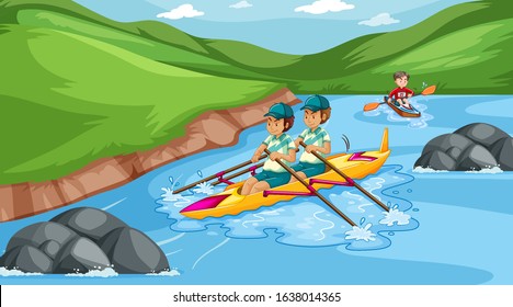Scene With People Rowing Boat In The River Illustration