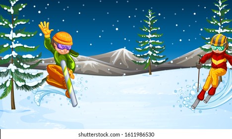 Scene with people snowboarding in the snow field illustration