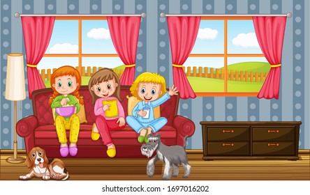 Scene with people staying at home with family illustration