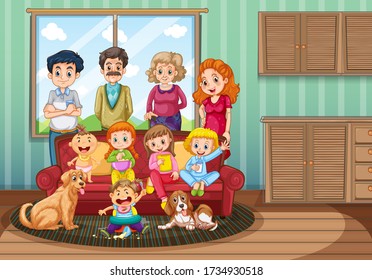 Scene with people staying at home with family illustration