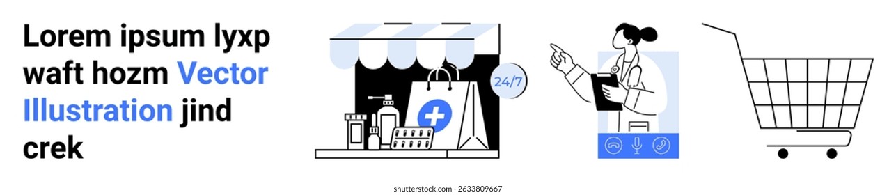 Scene with pharmacy storefront, healthcare professional, and shopping cart on a white background. Ideal for online pharmacy, healthcare services, and e-commerce themes. Banner for landing page