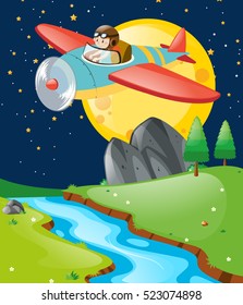 Escena con el avión piloto volador en la ilustración nocturna