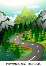 Scene with pine trees along the expressway illustration