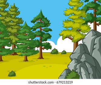 Scene with pine trees in the field illustration