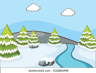 Scene with pine trees and river illustration