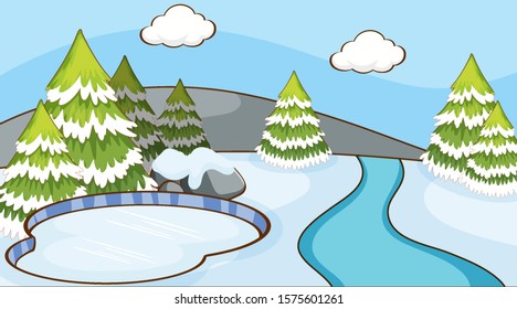 Scene with pine trees in the snow illustration
