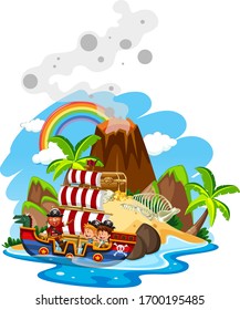 Scene with pirate and kids sailing in the ocean illustration