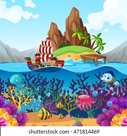 Scene With Pirate Ship In The Ocean Illustration