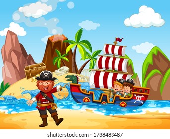 Scene with pirate and viking ship at sea illustration