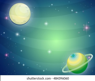 Escena con ilustración de planeta y luna