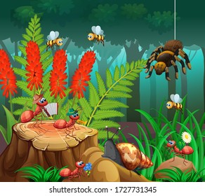 Scene with plants and insects in the garden illustration