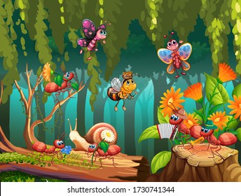 Scene with plants and insects in the garden illustration