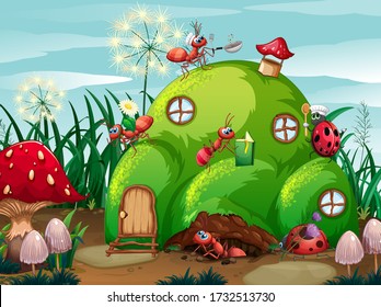 Scene with plants and insects in the garden illustration