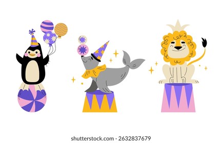 A scene of playful circus animals in colorful party hats and balloons enhancing the festivity