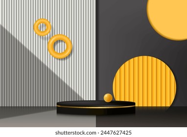 Szene mit Podium und abstraktem Hintergrund, schwarze und gelbe Farbszene für die Produktdarstellung. 3D-Darstellung