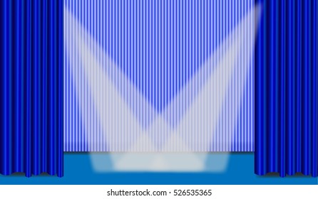 Scene podium with blue curtains and rays of light. A light effect. Vector.