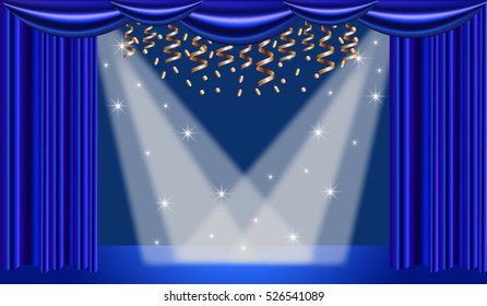 Scene podium with blue curtains and rays of light. A light effect. Vector. shine. serpentine