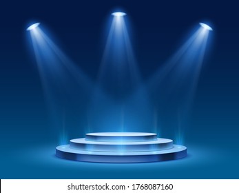 Scene podium with blue light. Stage platform with lighting for award ceremony, illuminated pedestal for presentation shows, vector image. Platform with steps and floodlight, searchlight with projector