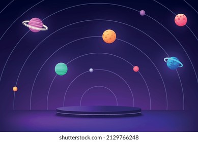 Scene podium with different planets of space. Futuristic concept virtual reality on background of planets.