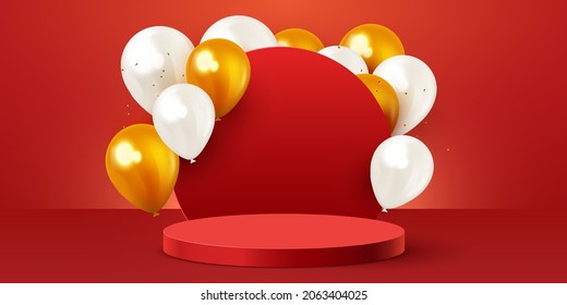 Scene podium with golden balloons. Product presentation, mock up. Podium, winner pedestal or platform. Vector illustration