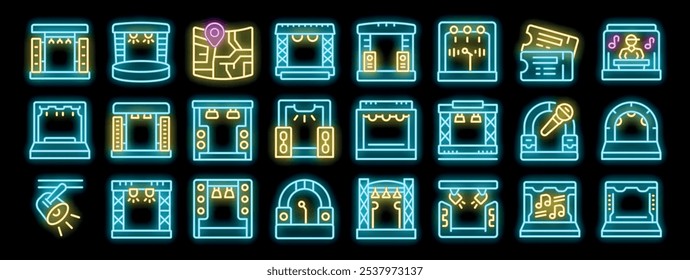 Scene podium icons set. Outline set of scene podium vector icons neon color on black