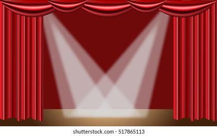 Scene podium with red curtains and rays of light. Vector Image.