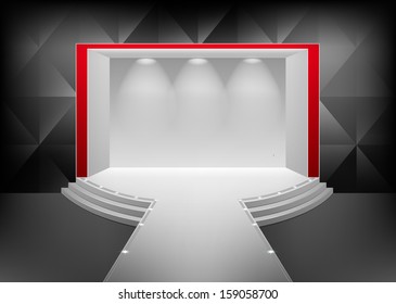 Scene with a podium and a staircase illuminated by a spotlight. The interior in the style of minimalism