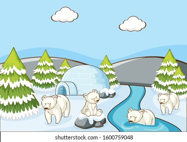 Scene with polar bears on snow mountain illustration
