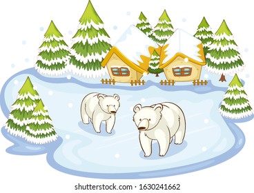 Scene with polar bears on snow ground illustration