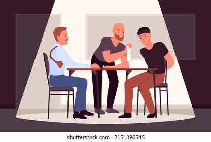 Scene of police interrogation to suspected criminal. Formal questioning arrested person, criminology law, crime investigation process, witnesses and suspects vector illustration