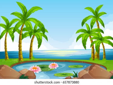 Escena con estanque cerca de la ilustración del océano