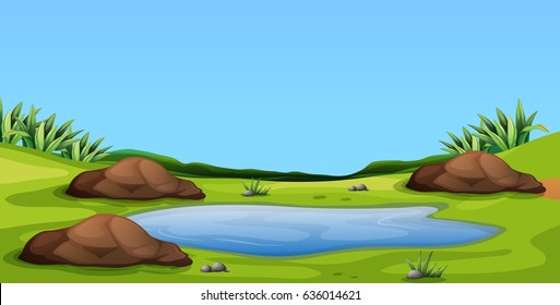 Scene with pond in the field illustration