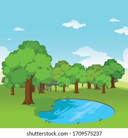 Scene with pond in the field illustration. Forest and little pond illustration.