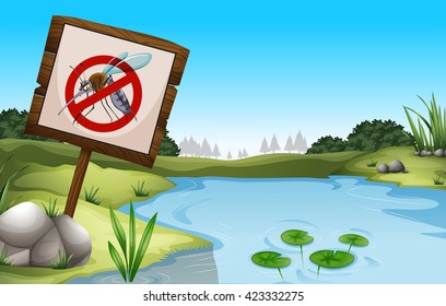 Scene with pond and sign no mosquitoes illustration