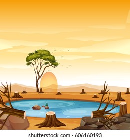 Scene with pond and stump trees illustration
