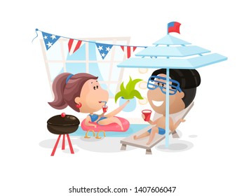 Scene of a pool party at the Independence Day in America. Vector illustration in flat cartoon style