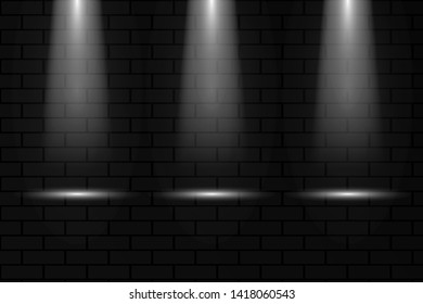 Scene or poster lighting. spotlight. Highlighting. Three spotlights on a brick wall background. Soft light, vector
