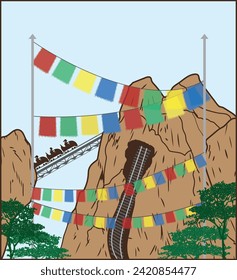 A scene of prayer flags hanging in Himalayan regions alongside a roller coaster.