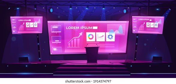 Scene For Presentation, Conference Hall, Empty Stage Interior With Huge Screen Presenting Business Infographics, Tribune, Glowing Spotlights And Acoustic Dynamics By Sides, Cartoon Vector Illustration