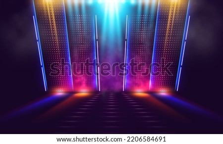 Scene for presentation illuminated by spotlights, neon lighting and smoke. Vector illustration.