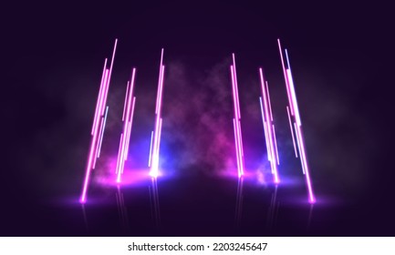 Scene for presentation with neon lighting and smoke. Vector illustration.