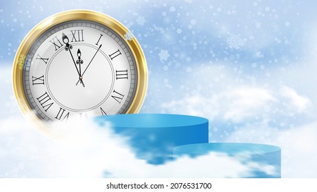 Scene for the presentation of New Year s discounts. Cylindrical podium against the background of the winter sky. Big clock hanging in the air. Vector illustration.