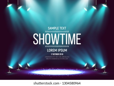 Scene for presentation. Showtime banner illuminated by spotlights. Vector illustration.